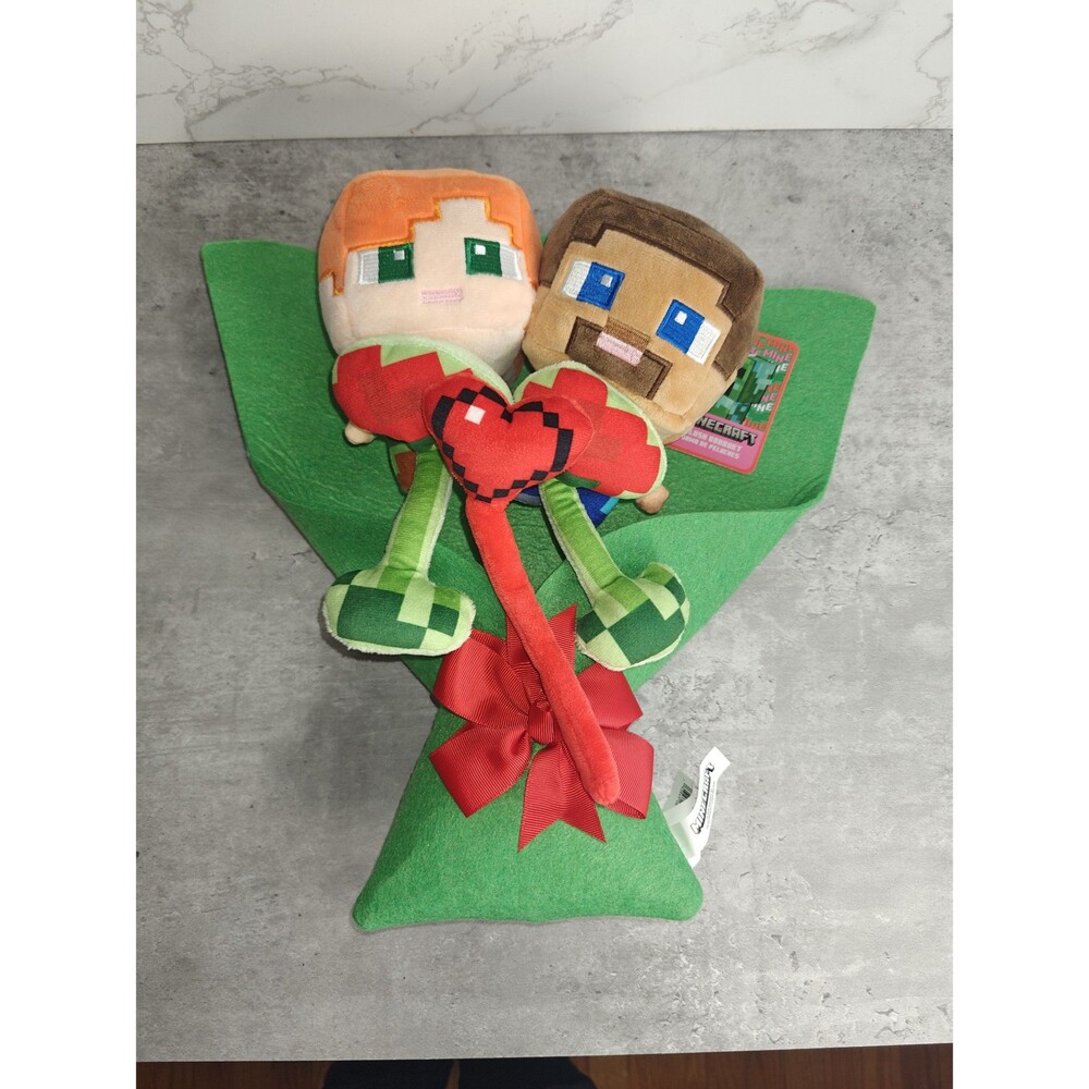 Minecraft Steve & Alex Plush Bouquet Valentines Day Gift- 13”  NWT